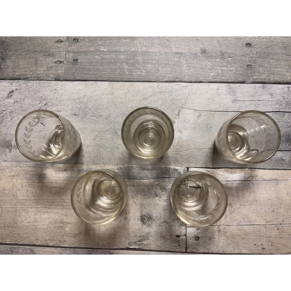 Set of 5 VINTAGE 1960s ANCHOR HOCKING Shot Glasses Etched Laurel Leaf Pattern!